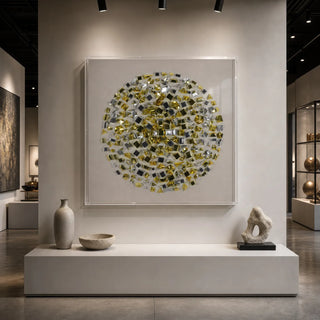 Abstract origami geometry shadow box displayed above a console in a contemporary gallery-like interior