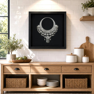 Handmade Tribal Grand Necklace shadow box wall decor MS56007 styled in an interior setting