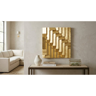 Carved pine wood wall art styled in a balanced contemporary room