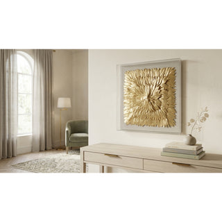 Handmade Gold Feather Radiance Shadow Box Wall Décor styled in a furnished interior