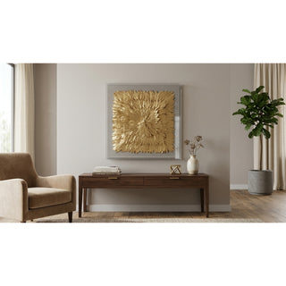 Handmade Gold Feather Radiance Shadow Box Wall Décor styled in a furnished interior