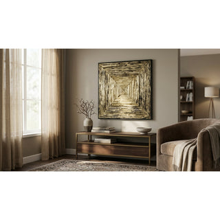 Handmade Gold Pine Wood Carving Wall Décor styled in a furnished interior