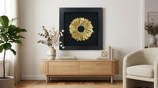 Oversized Handmade Golden Feather Wreath Shadow Box Wall Art Home Décor