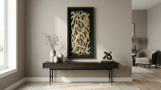 Oversized Handmade Pine Wood Vines Abstract Shadow Box Wall Art Home Décor styled in a furnished interior