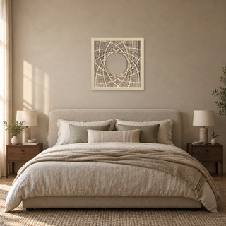 Yudeco scene illustration — calm bedroom above a headboard. Product is a programmatic composite using same-SKU product photography. Asset: yd_MS22759A_pdp_bedroom_headboard_1x1_v5.png